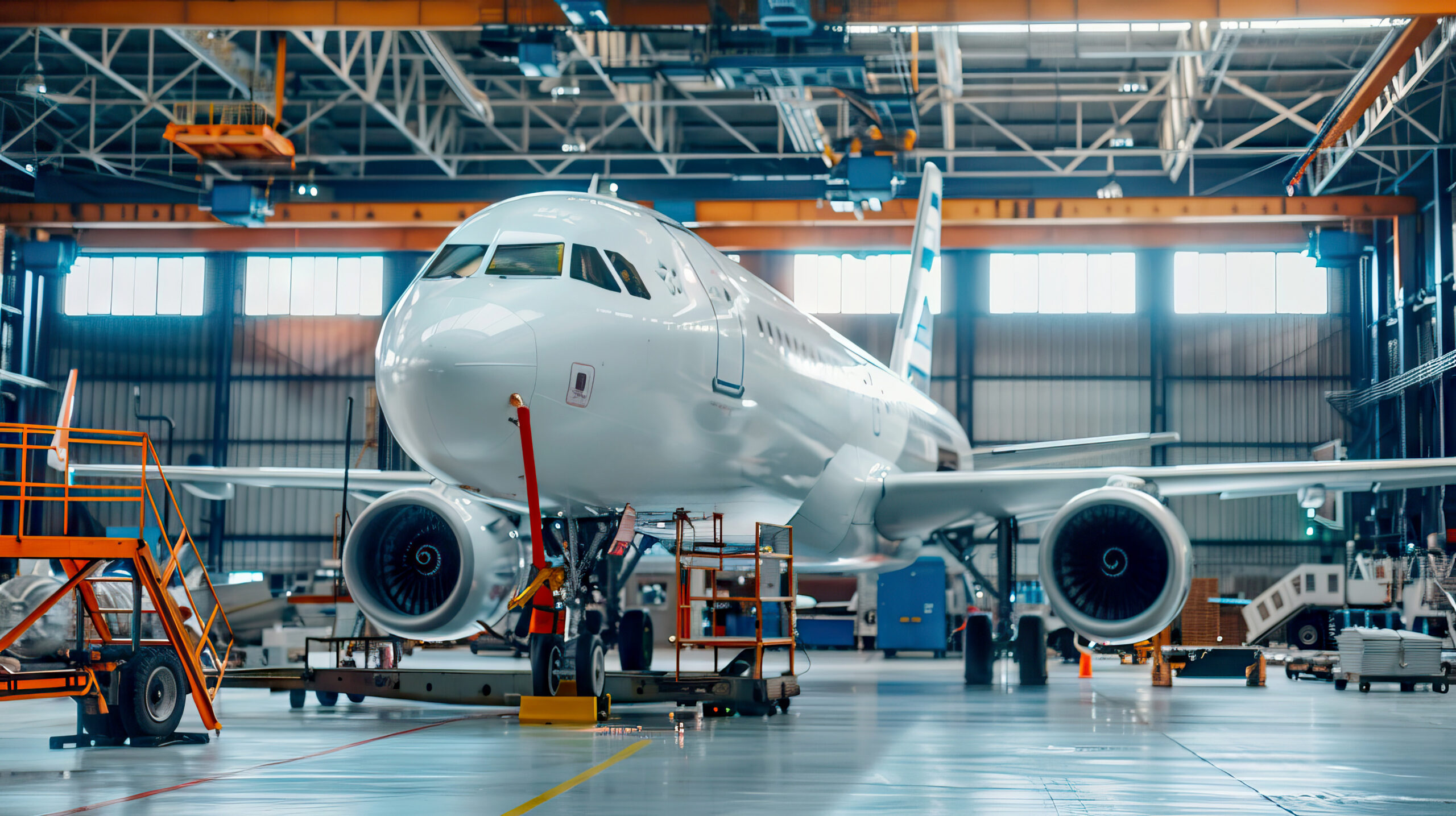 Aircraft hanger with plane in maintenance