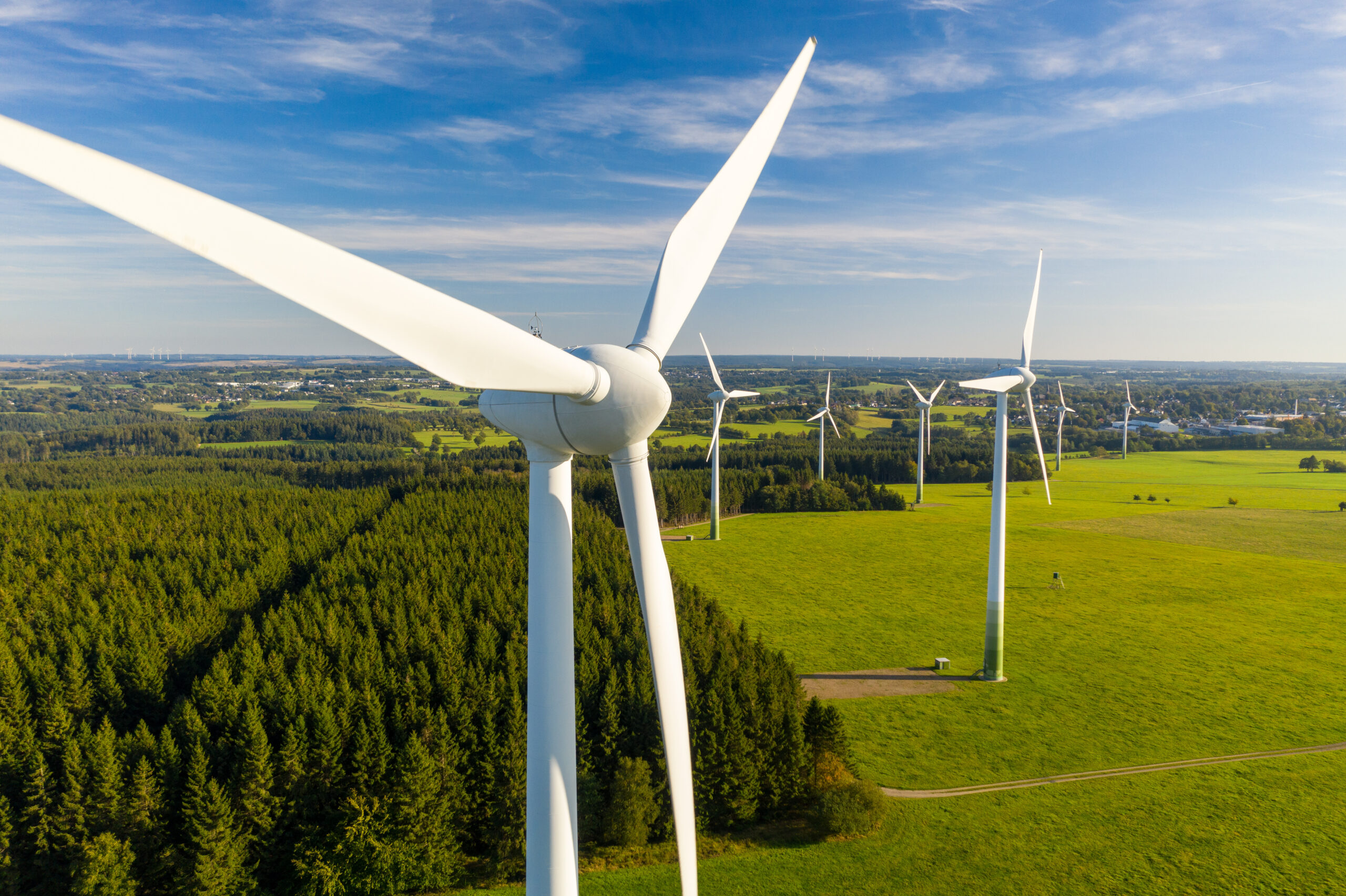 Wind turbine on wind farm in the UK countryside
